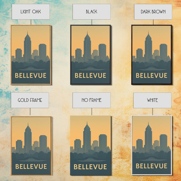 Bellevue Washington Travel Poster, Framed Canvas Print, Minimalist Retro Wall Art, Bellevue City Art, Travel Poster Set, City Art Print