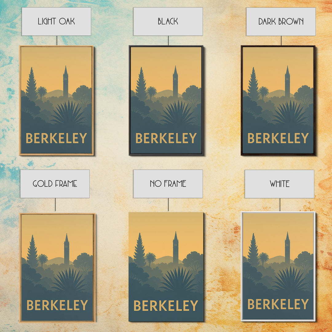 Berkeley Travel Poster, Framed Canvas Print, Sunset Skyline Wall Art, Berkeley City Art, Mid Century Wall Art, Vintage City Poster