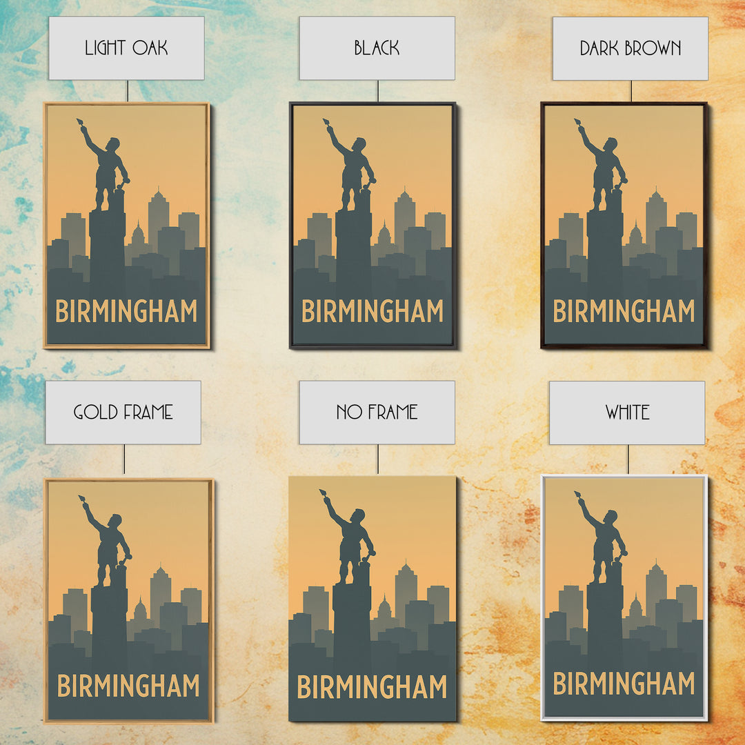 Birmingham Travel Poster, Framed Canvas Print, Sunset Skyline Wall Art, Birmingham Poster Print, City Art Print, Vintage City Art