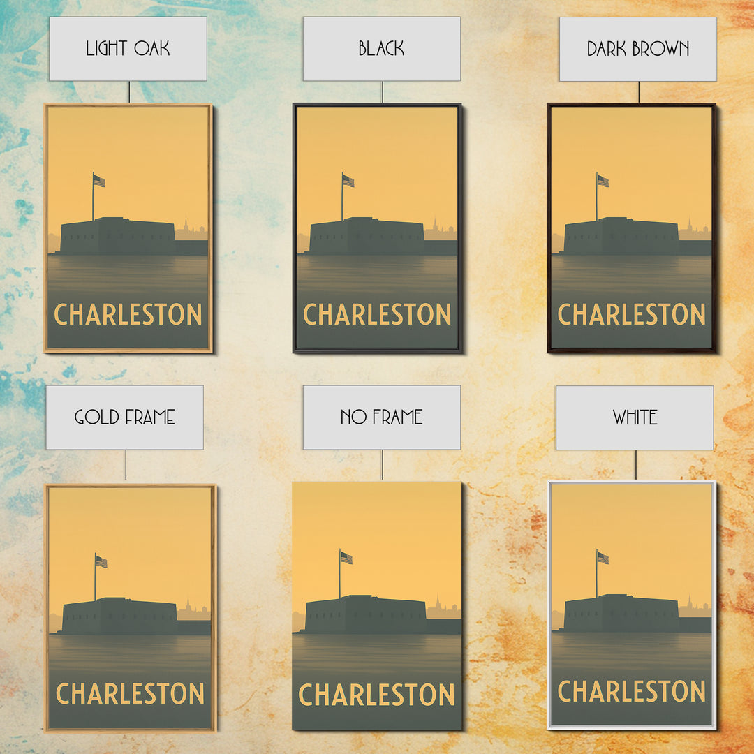 Charleston Travel Poster, Framed Canvas Print, Sunset Skyline Wall Art, Charleston City Art, Home Office Decor, Wanderlust Decor