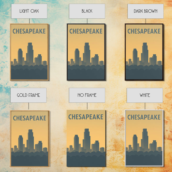 Chesapeake Virginia Travel Poster, Framed Canvas Print, Sunset Skyline Wall Art, Chesapeake Wall Art, Retro Travel Print, Home Office Decor