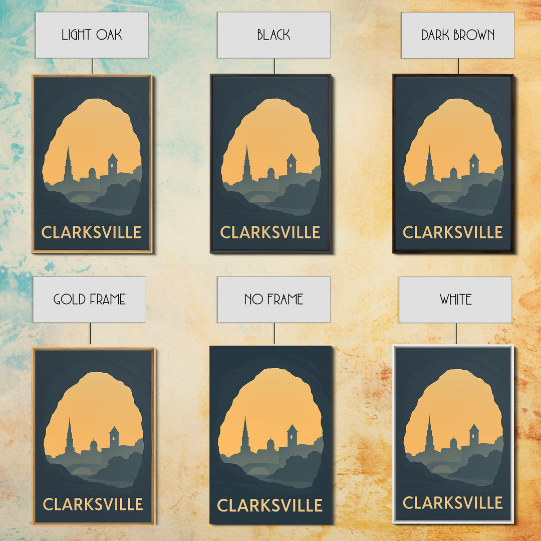 Clarksville Tennessee Travel Poster, Canvas Print, Sunset Skyline Wall Art, Clarksville Wall Art, City Travel Prints, Mid Century Wall Art