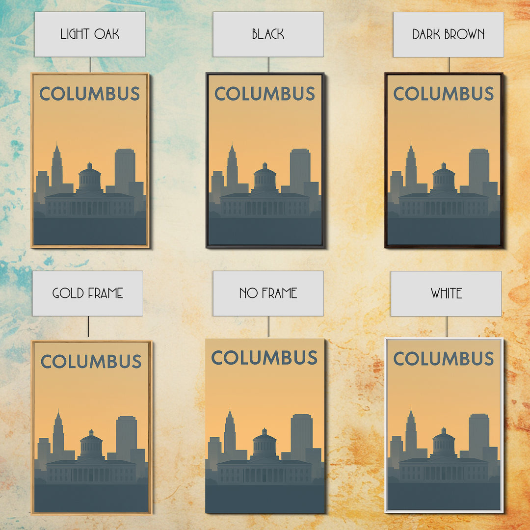 Columbus Travel Poster, Framed Canvas Print, Sunset Skyline Wall Art, Columbus Poster Print, Travel Wall Art, Travel Poster Art