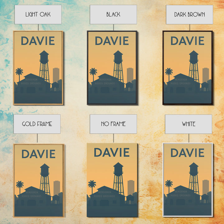 Davie Florida Travel Poster, Framed Canvas Print, Sunset Skyline Wall Art, Davie Art Print, Mid Century Wall Art, City Travel Prints