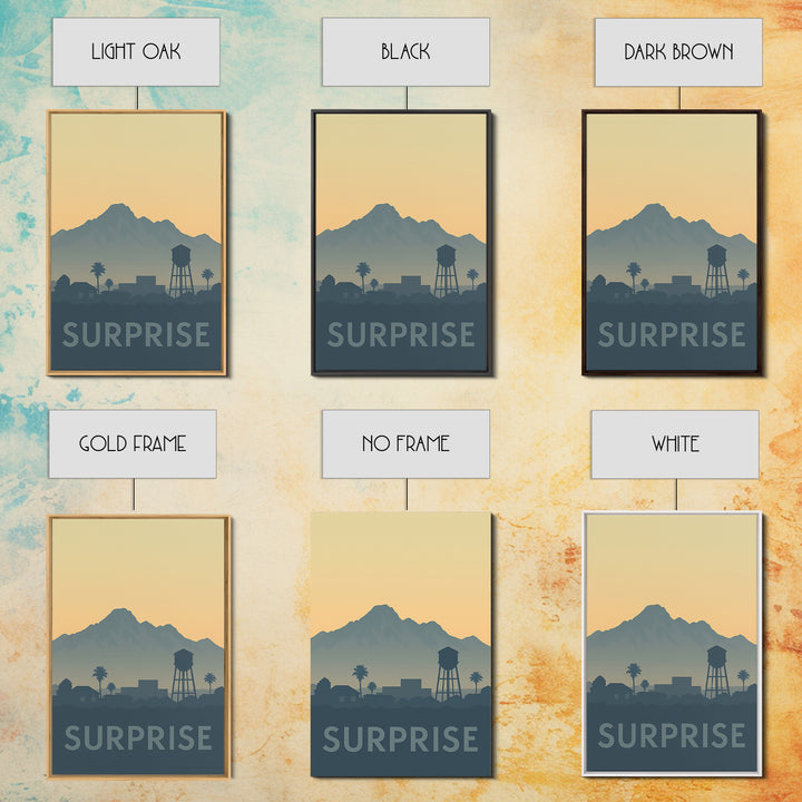 Surprise Travel Poster, Framed Canvas Print, Sunset Skyline Wall Art, Surprise Poster Print, Travel Poster Art, Eclectic Wall Decor
