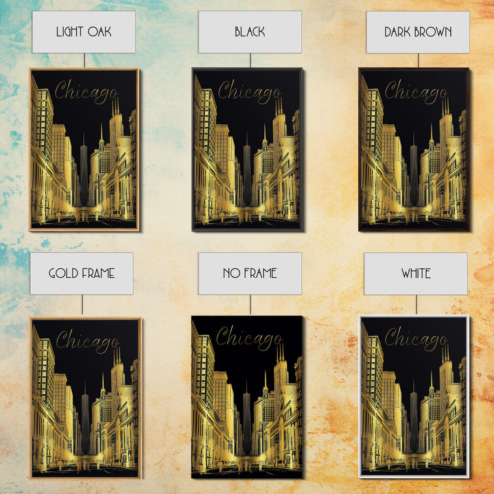 Chicago Travel Poster, Canvas Print, Elegant Gold City Art, Chicago Wall Art, Travel Poster Art, Travel Wall Decor, Travel Art Print