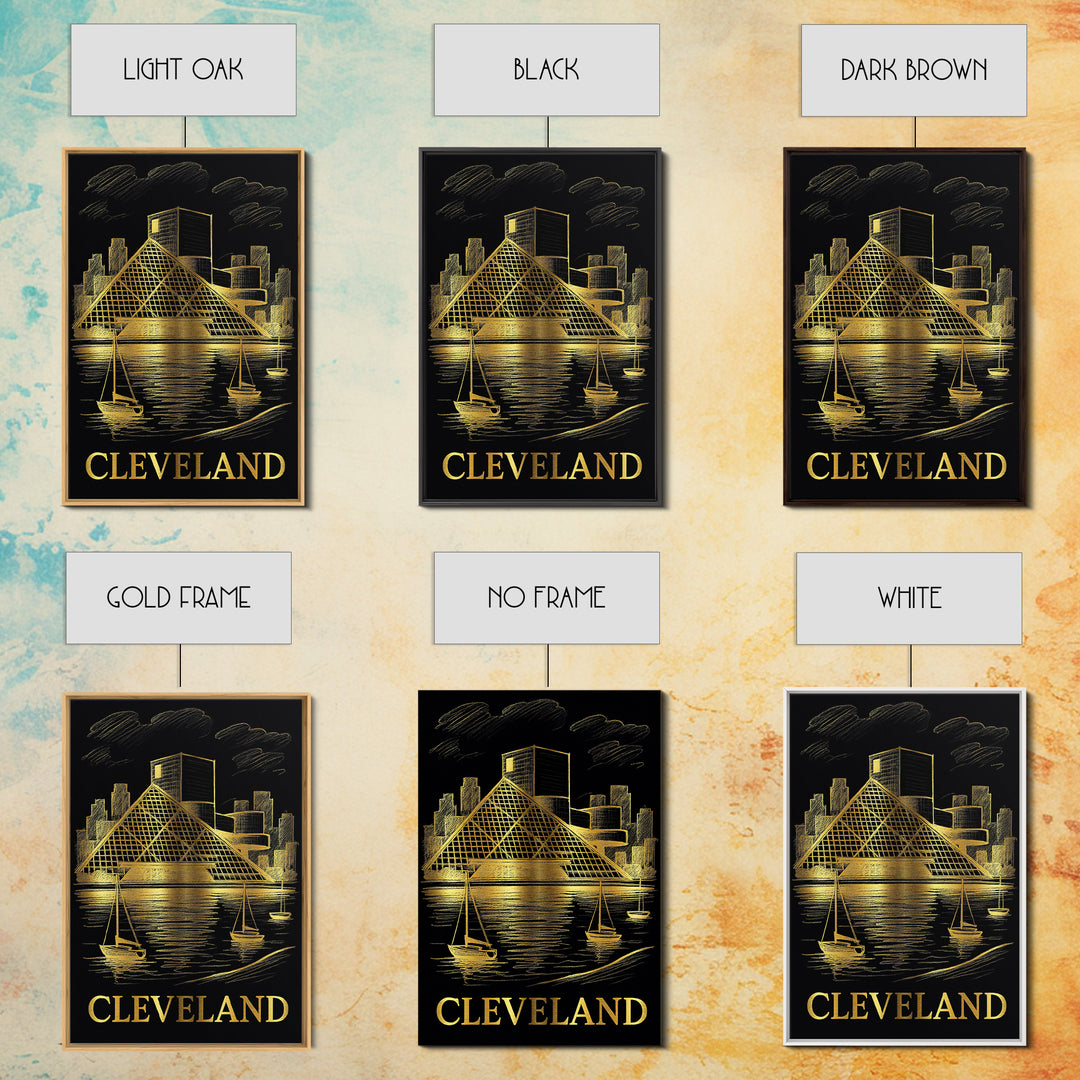 Cleveland Travel Poster, Framed Canvas Print, Gold Sketch Wall Art, Cleveland Travel Art, City Travel Prints, Mid Century Wall Art