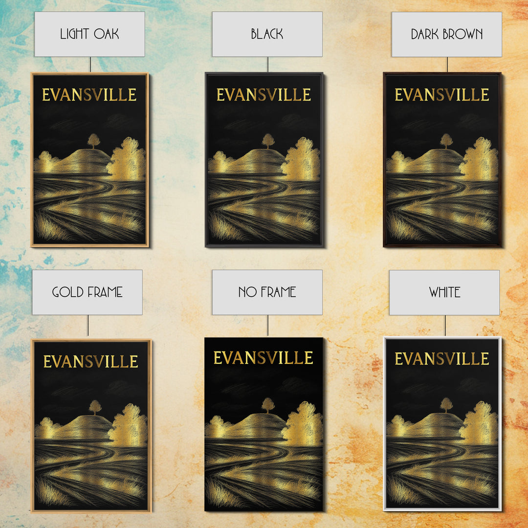 Evansville Indiana Travel Poster, Canvas Print, Elegant Gold City Art, Evansville Wall Art, City Art Print, Travel Wall Decor, Home Decor