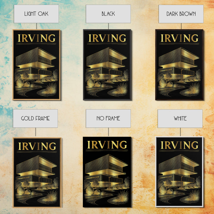 Irving Texas Travel Poster, Canvas Print, Black And Gold Line Art, Irving Print, Wanderlust Decor, Watercolor Skyline, Retro Travel Print