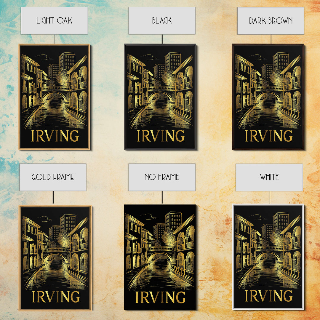 Irving Travel Poster, Framed Canvas Print, Elegant Gold City Art, Irving Poster Print, Vintage City Art, Mid Century Wall Art, Design 2