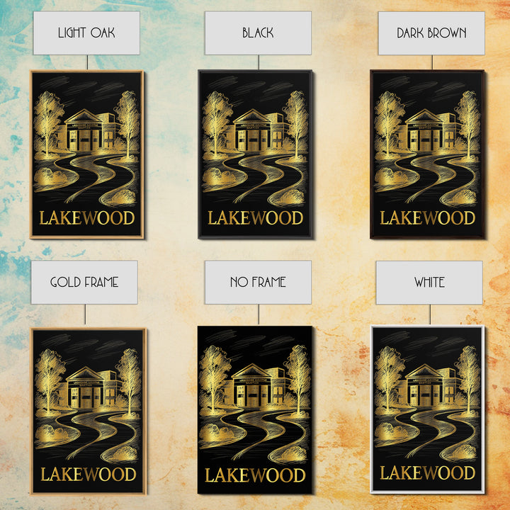 Lakewood Travel Poster, Framed Canvas Print, Elegant Gold City Art, Lakewood Wall Art, Travel Wall Decor, Travel Art Print, Poster Art