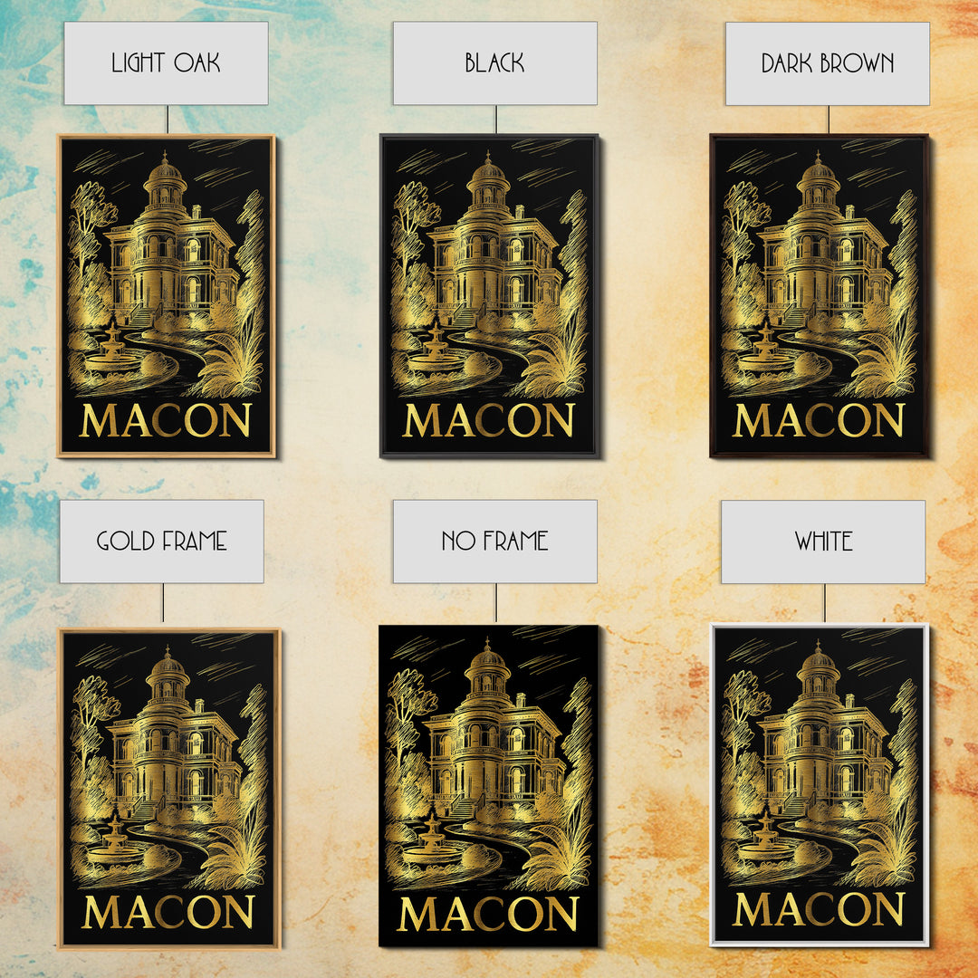 Macon Travel Poster, Framed Canvas Print, Black And Gold Line Art, Macon Wall Art, Travel Poster Art, Living Room Wall Art, City Art Print