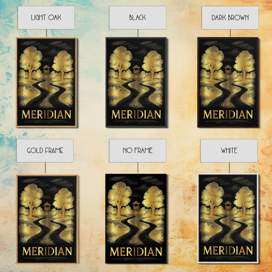 Meridian Travel Poster, Framed Canvas Print, Gold Sketch Wall Art, Meridian Wall Art, City Travel Prints, Vintage Travel Print