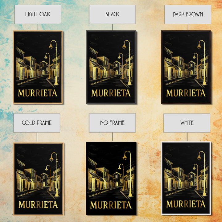 Murrieta Travel Poster, Framed Canvas Print, Gold Sketch Wall Art, Murrieta Poster Print, Mid Century Wall Art, Watercolor Downtown Skyline