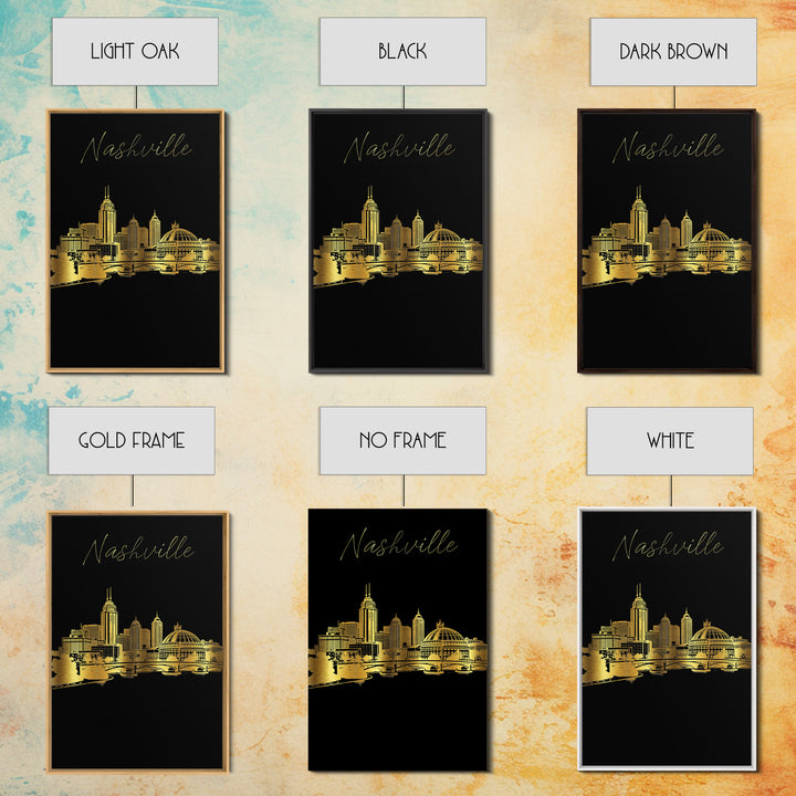 Nashville Travel Poster, Framed Canvas Print, Black And Gold Line Art, Nashville Travel Art, Travel Art Print, Watercolor Downtown Skyline