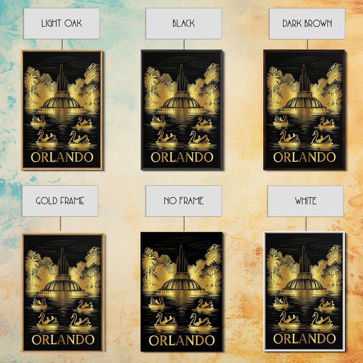 Orlando Travel Poster, Framed Canvas Print, Black And Gold Line Art, Orlando Art Print, Vintage City Poster, City Art Print, Art Print