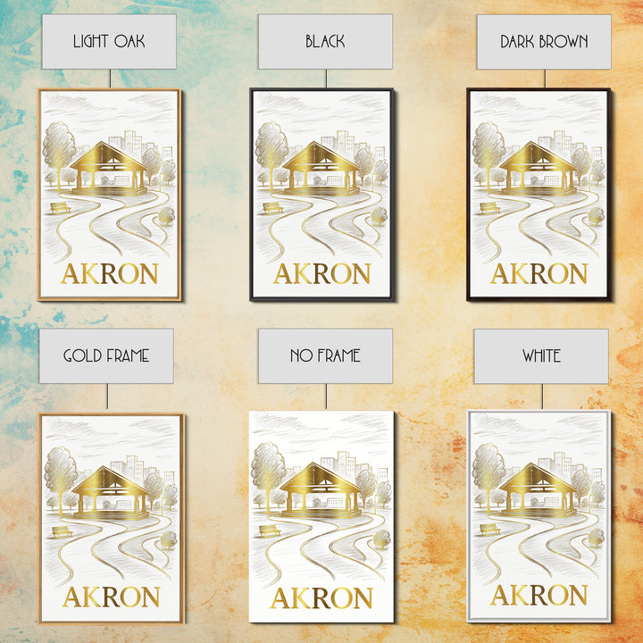 Akron Travel Poster, Framed Canvas Print, Gold Line Drawing Wall Art, Akron City Art, Living Room Wall Art, Travel Wall Decor, Design 2