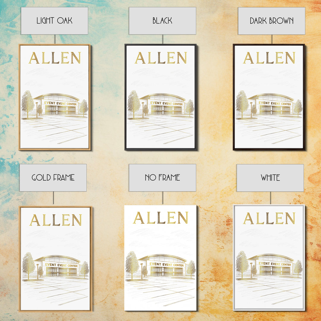 Allen Texas Travel Poster, Canvas Print, Gold Line Drawing Wall Art, Allen Art Print, Office Decor, Wanderlust Decor, Eclectic Wall Decor