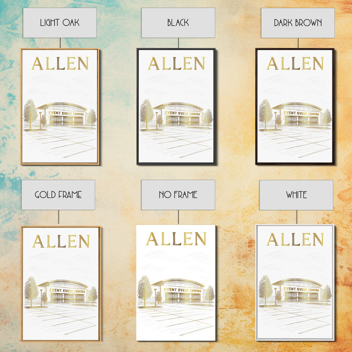 Allen Texas Travel Poster, Canvas Print, Gold Line Drawing Wall Art, Allen Art Print, Office Decor, Wanderlust Decor, Eclectic Wall Decor