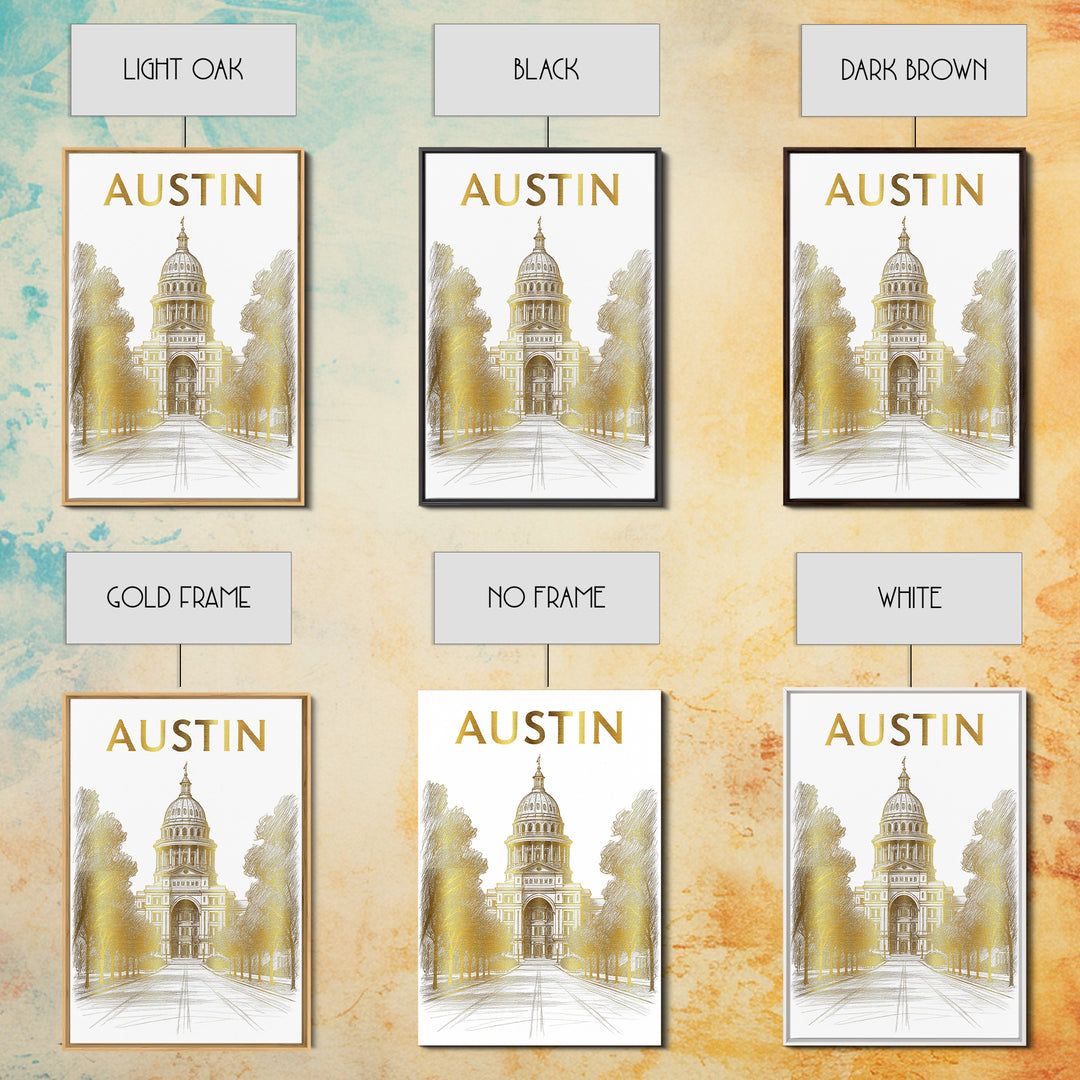 Austin Travel Poster, Framed Canvas Print, Elegant City Illustration, Austin Travel Art, City Travel Prints, Vintage City Art, Design 2