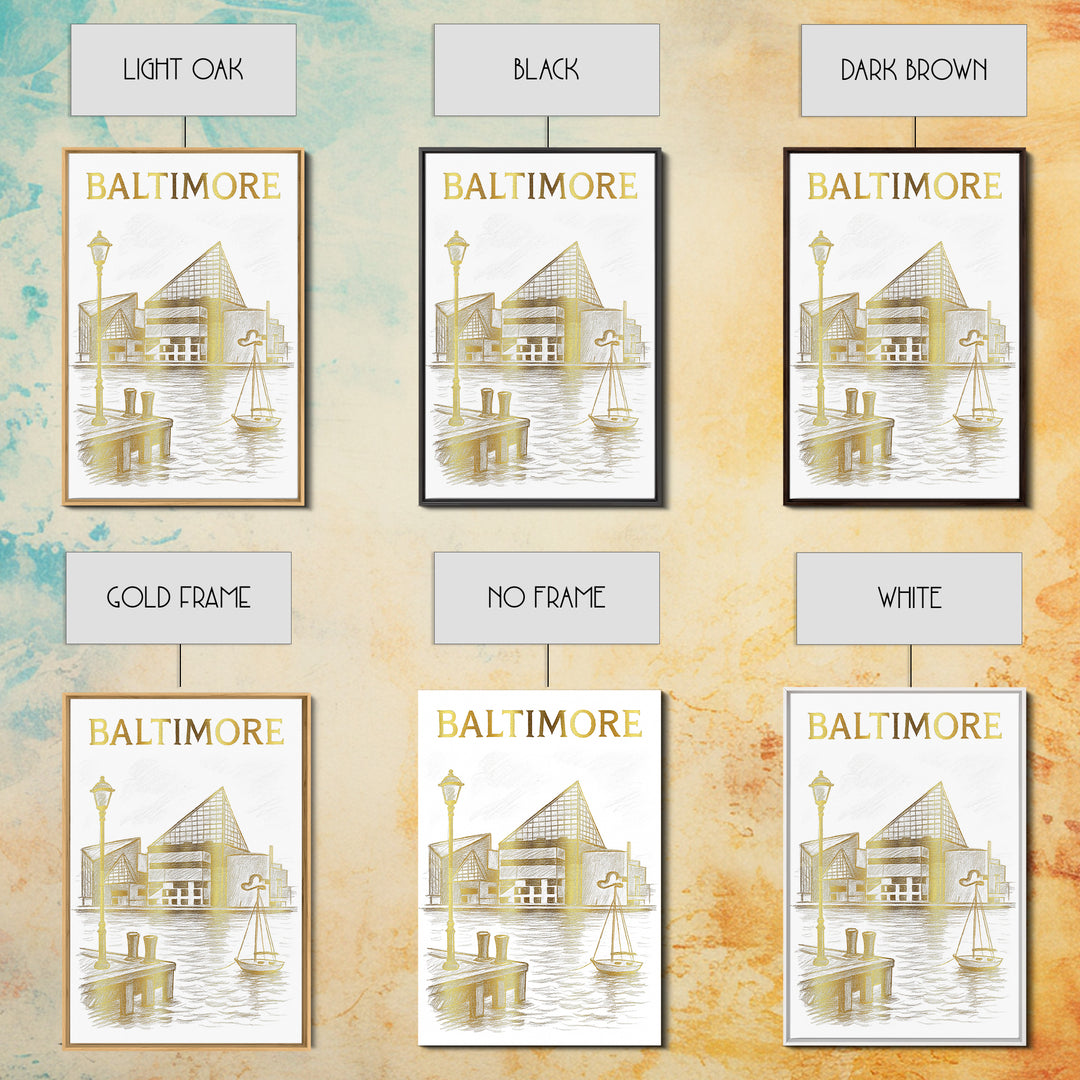 Baltimore Maryland Travel Poster, Framed Canvas Print, White And Gold Sketch Art, Baltimore Art Print, Travel Wall Decor, City Art Print