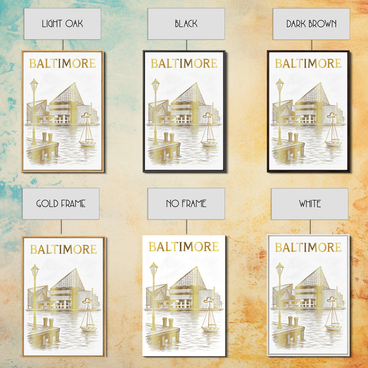 Baltimore Maryland Travel Poster, Framed Canvas Print, White And Gold Sketch Art, Baltimore Art Print, Travel Wall Decor, City Art Print
