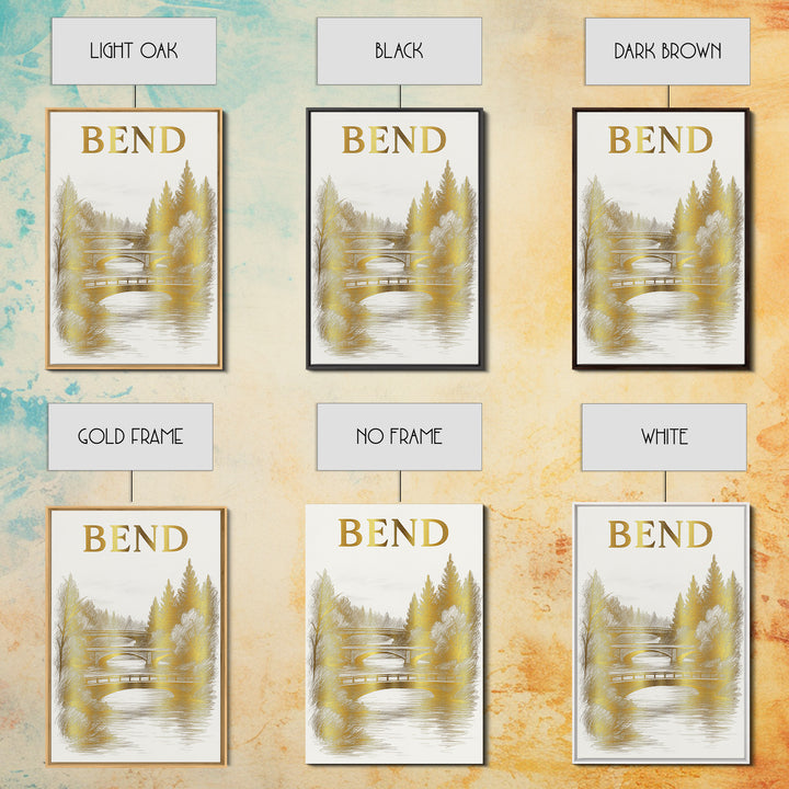 Bend Oregon Travel Poster, Canvas Print, White And Gold Sketch Art, Bend Art Print, Vintage City Poster, City Art Print, Fine Art Print