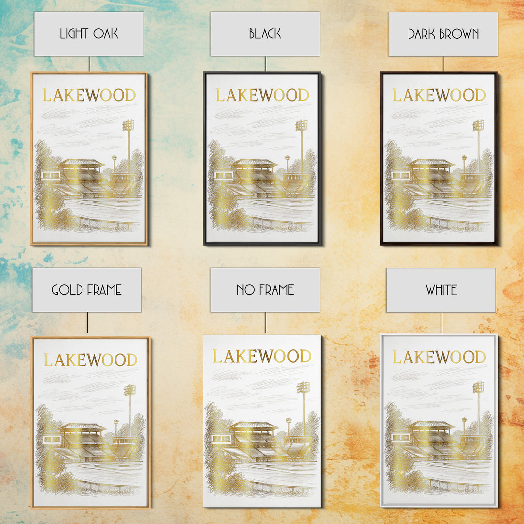 Lakewood Travel Poster, Framed Canvas Print, White And Gold Sketch Art, Lakewood Wall Art, Home Office Decor, Mid Century Wall Art
