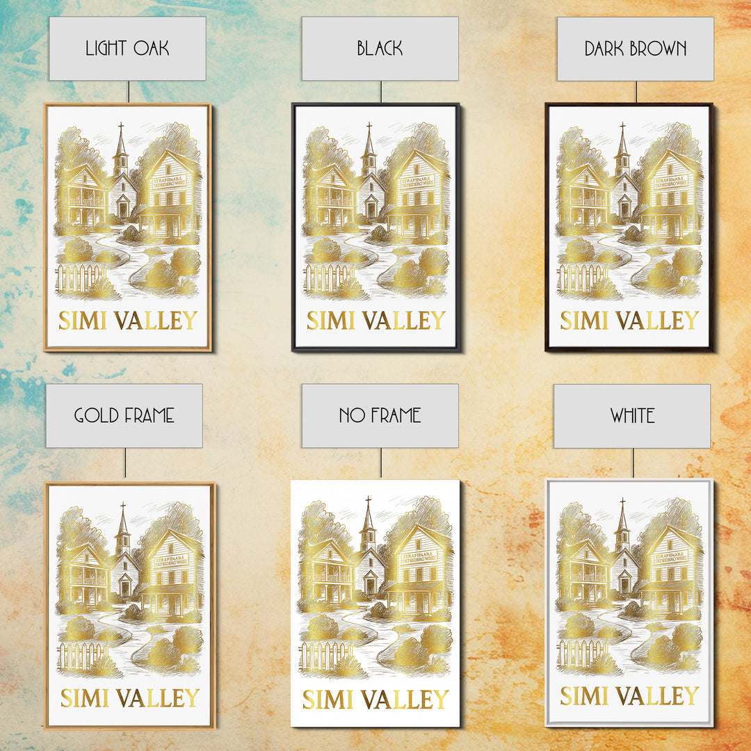 Simi Valley Travel Poster, Framed Canvas Print, White And Gold Sketch Art, Simi Valley Wall Art, Mid Century Wall Art, Retro Travel Print