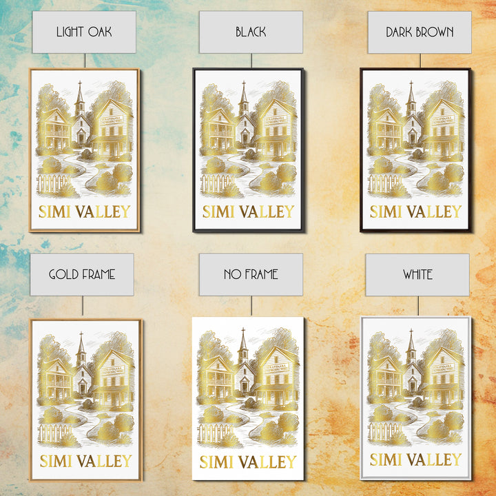 Simi Valley Travel Poster, Framed Canvas Print, White And Gold Sketch Art, Simi Valley Wall Art, Mid Century Wall Art, Retro Travel Print