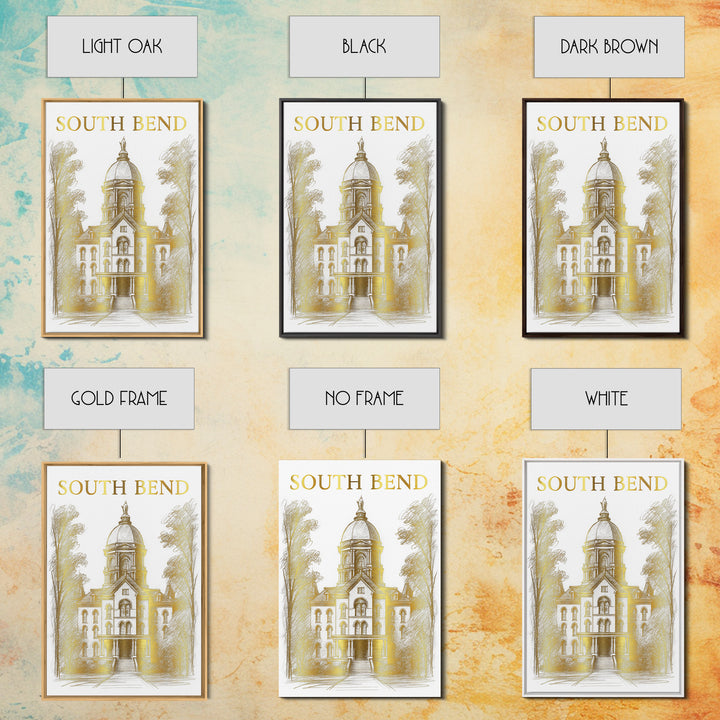 South Bend Indiana Travel Poster, Canvas Print, Gold Line Drawing Wall Art, South Bend City Art, Art Print, Watercolor Skyline, Design 1