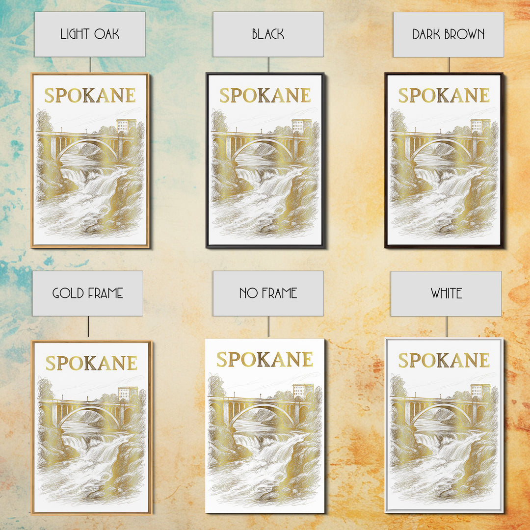 Spokane Washington Travel Poster, Canvas Print, Gold Line Drawing Wall Art, Spokane Travel Art, Retro Travel Print, Vintage Travel Art