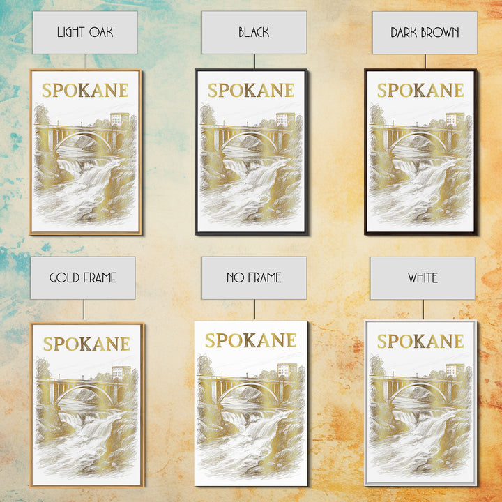 Spokane Washington Travel Poster, Canvas Print, Gold Line Drawing Wall Art, Spokane Travel Art, Retro Travel Print, Vintage Travel Art