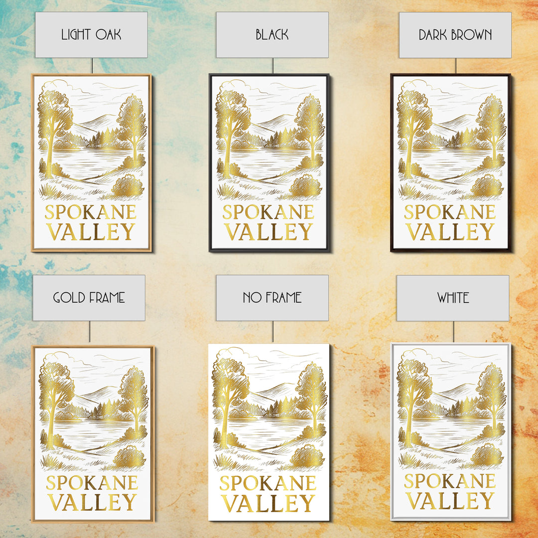 Spokane Valley Travel Poster, Framed Canvas Print, Gold Line Drawing Wall Art, Spokane Valley Travel Art, Travel Poster Set, Wall Art