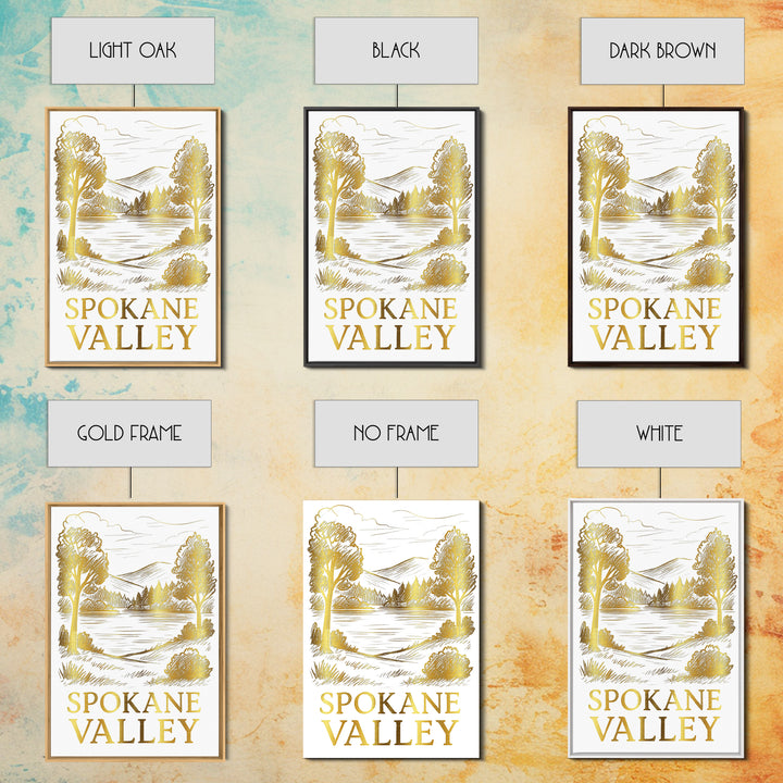 Spokane Valley Travel Poster, Framed Canvas Print, Gold Line Drawing Wall Art, Spokane Valley Travel Art, Travel Poster Set, Wall Art
