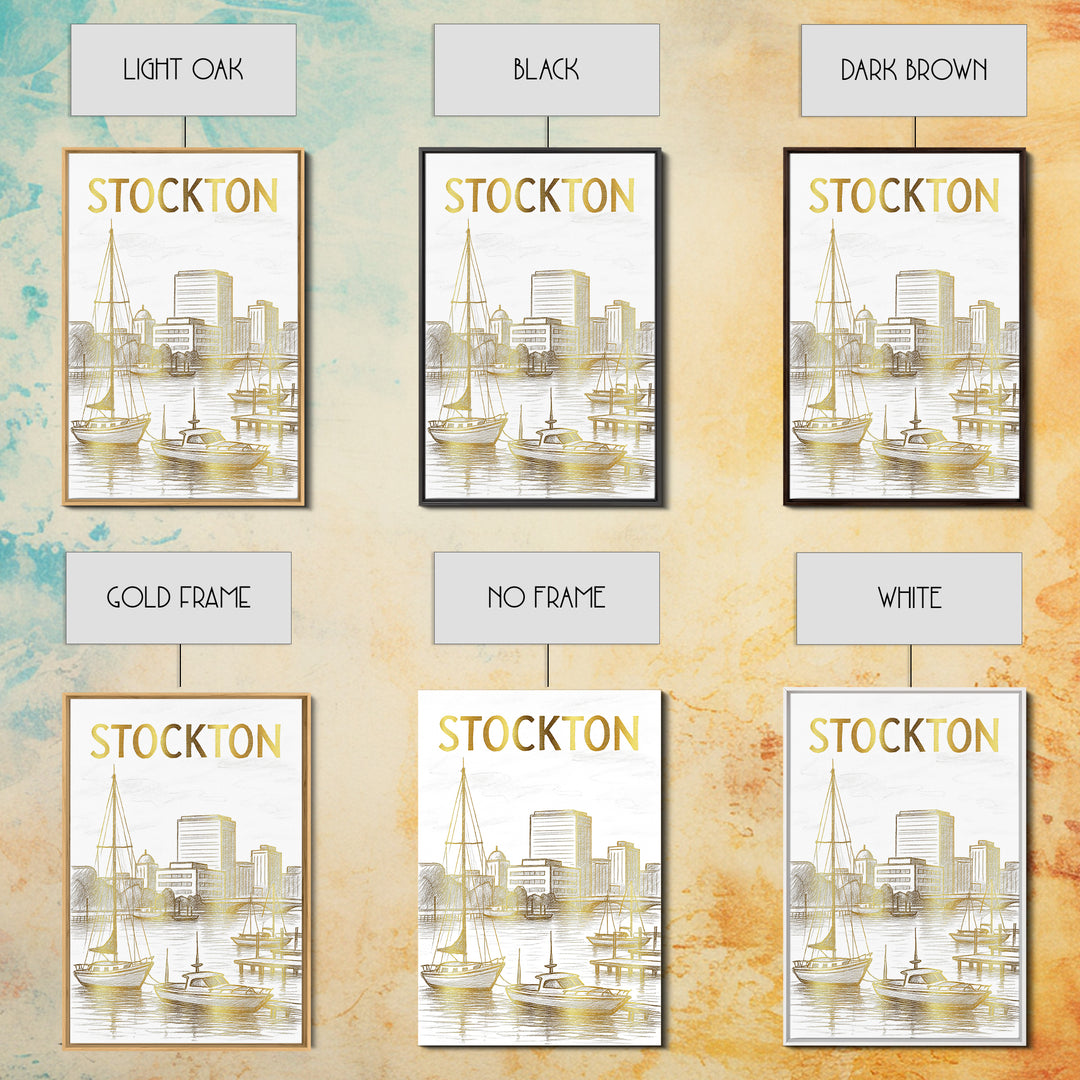 Stockton California Travel Poster, Canvas Print, White And Gold Sketch Art, Stockton Art Print, City Travel Prints, Wall Decor, Home Decor
