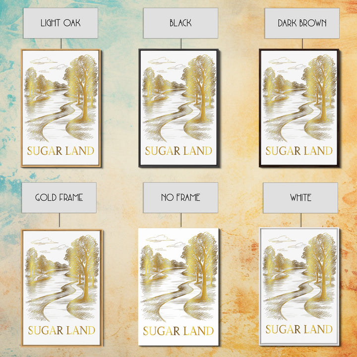 Sugarland Travel Poster, Framed Canvas Print, White And Gold Sketch Art, Sugarland City Art, Wanderlust Decor, City Travel Prints