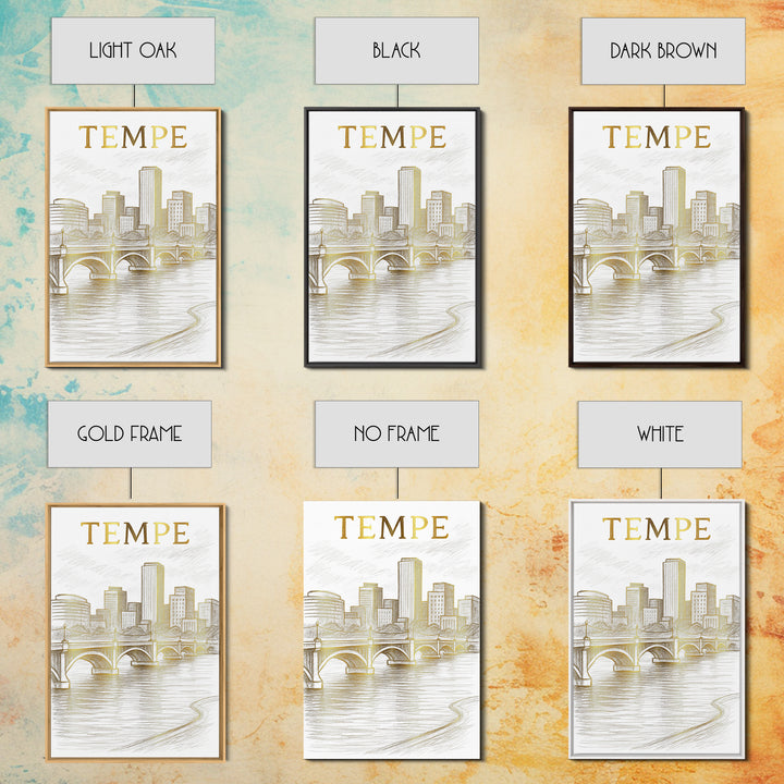 Tempe Arizona Travel Poster, Framed Canvas Print, White And Gold Sketch Art, Tempe City Art, Mid Century Wall Art, Eclectic Wall Decor