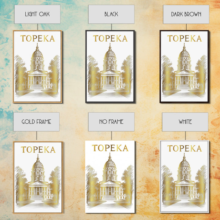 Topeka Kansas Travel Poster, Framed Canvas Print, Gold Line Drawing Wall Art, Topeka Poster Print, Gift For Travelers, Travel Poster Art