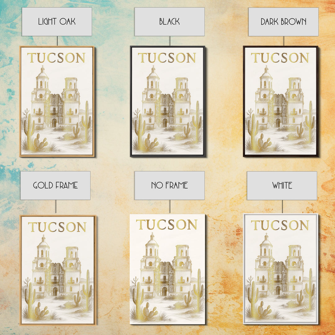 Tucson Arizona Travel Poster, Canvas Print, White And Gold Sketch Art, Tucson Poster Print, Vintage City Art, Travel Art, Retro Travel Print