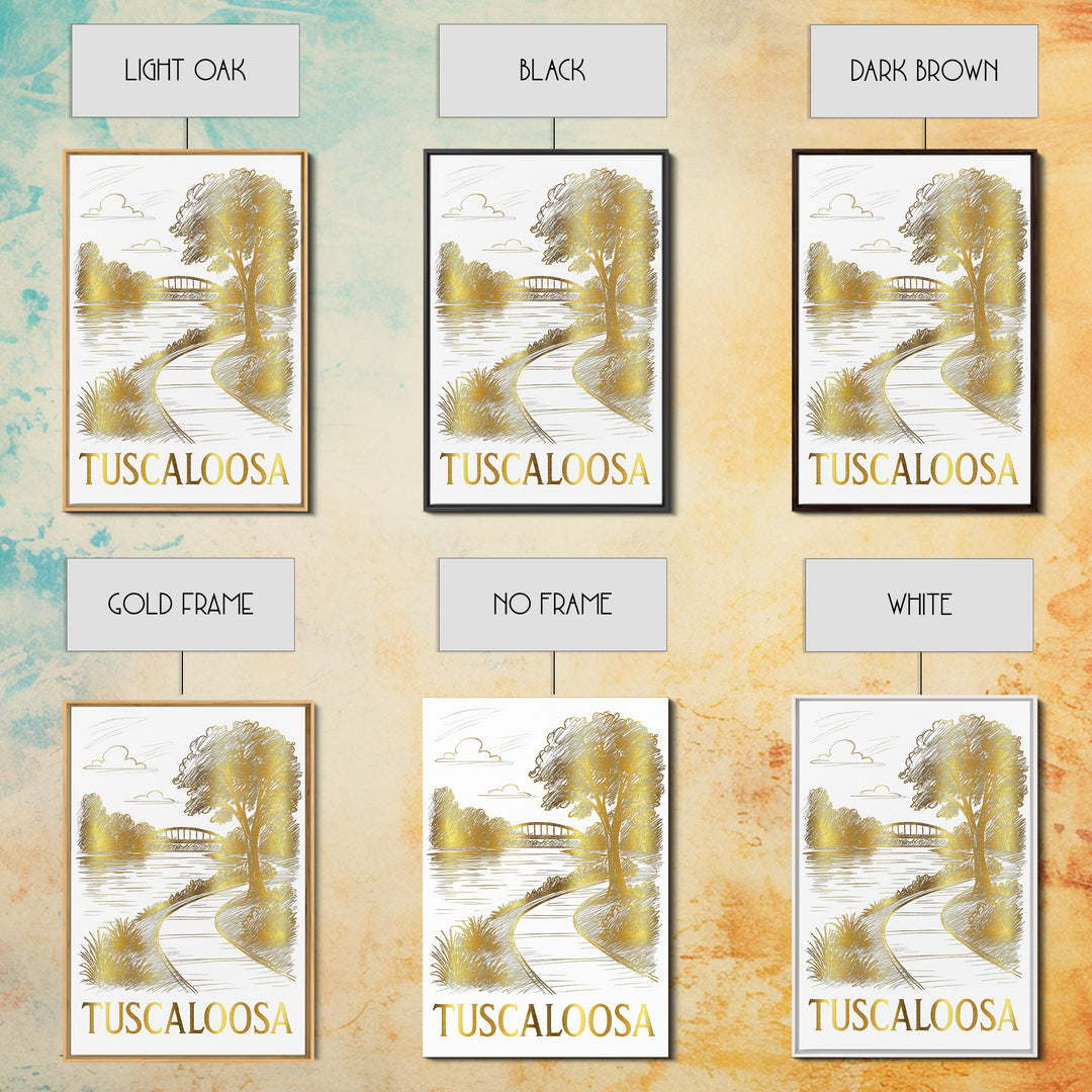 Tuscaloosa Travel Poster, Framed Canvas Print, White And Gold Sketch Art, Tuscaloosa Art Print, Travel Wall Decor, Eclectic Wall Decor