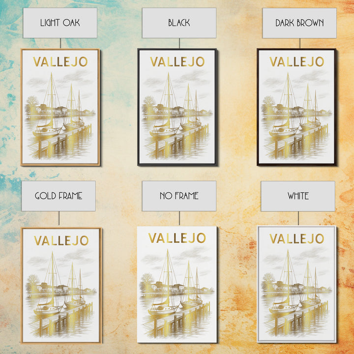 Vallejo California Travel Poster, Framed Canvas Print, White And Gold Sketch Art, Vallejo Poster Print, City Art Print, City Illustration