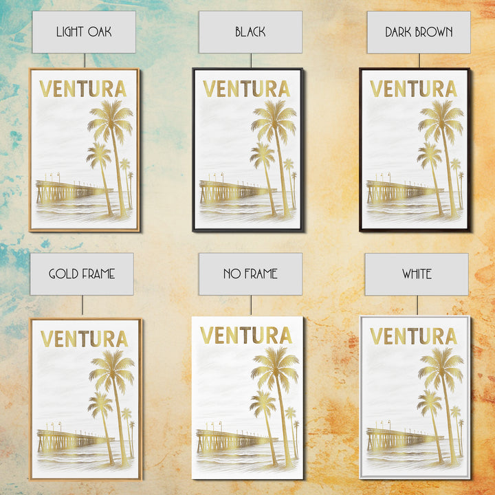 Ventura California Travel Poster, Framed Canvas Print, White And Gold Sketch Art, Ventura City Art, Watercolor Skyline, Travel Poster Art