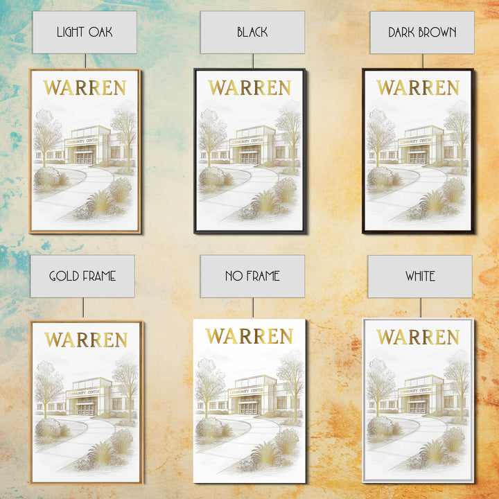 Warren Michigan Travel Poster, Canvas Print, White And Gold Sketch Art, Warren Travel Art, City Art Print, Eclectic Wall Decor, Poster Art