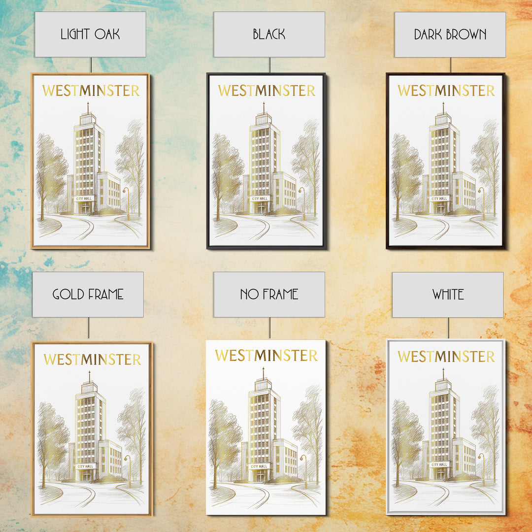 Westminster Colorado Travel Poster, Canvas Print, Gold Line Drawing Wall Art, Westminster Poster Print, Travel Poster Set, City Art Print