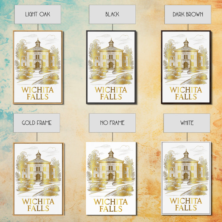Wichita Falls Travel Poster, Framed Canvas Print, White And Gold Sketch Art, Wichita Falls City Art, Vintage City Art, Travel Wall Art