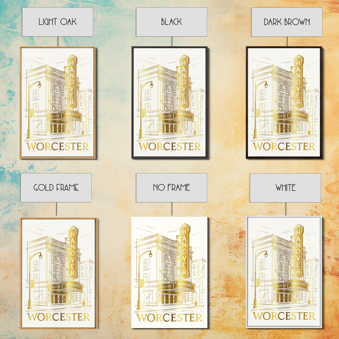 Worcester Travel Poster, Canvas Print, Gold Line Drawing Wall Art, Worcester Art Print, Travel Wall Art, Home Office Decor, Retro Poster