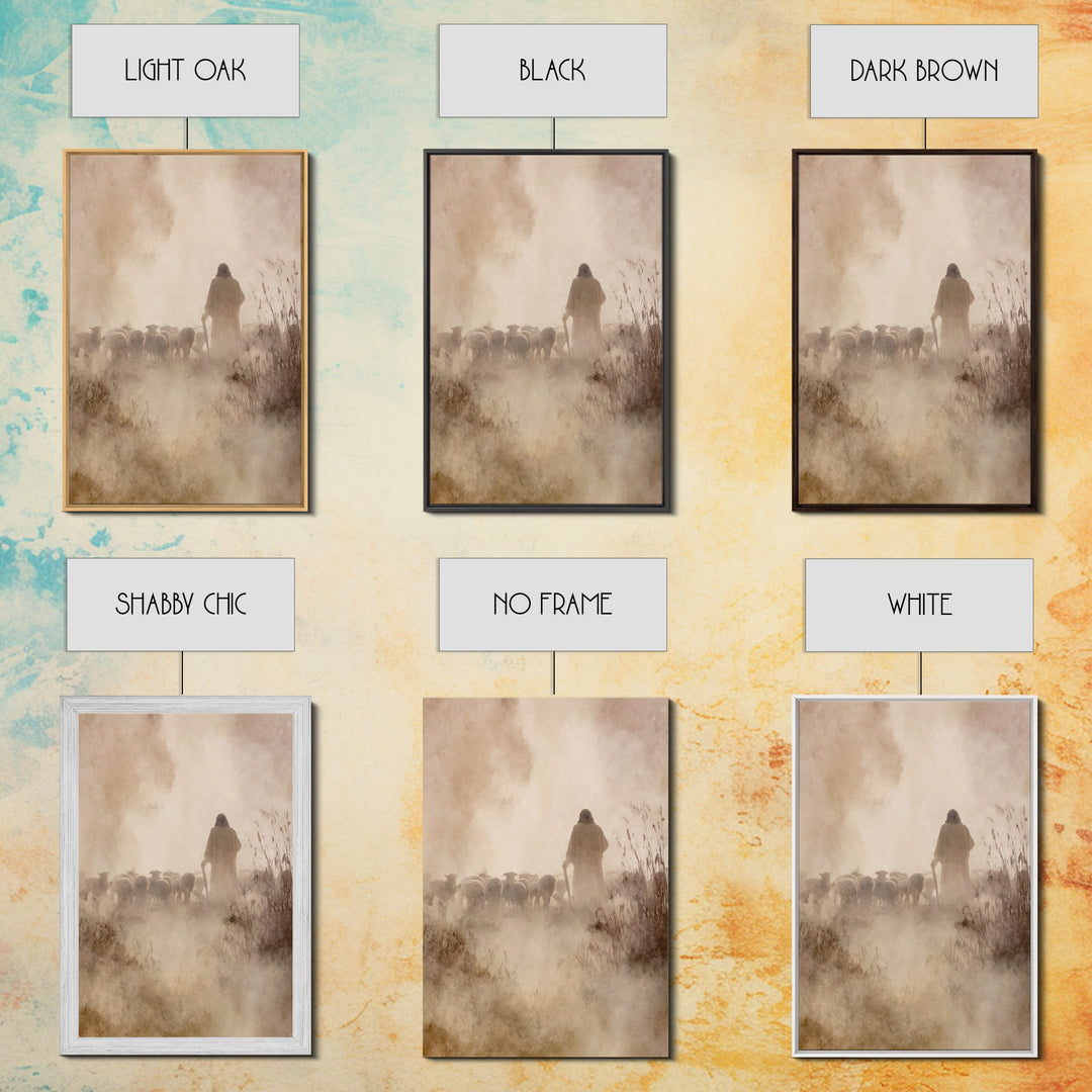 Guiding Shepherd Glow – Framed Canvas Print – Christian Art Work – Jesus Art Print – Christian Wall Art – Minimalist Christian Art