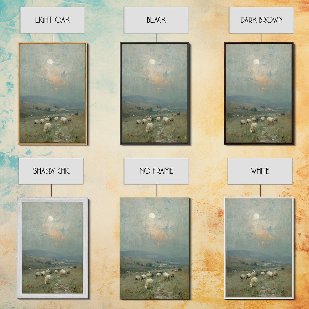 Moonlit Pasture Peace, Framed Canvas Print, Christian Art Canvas, Christian Wall Art, Vintage Christian Art, Christian Painting