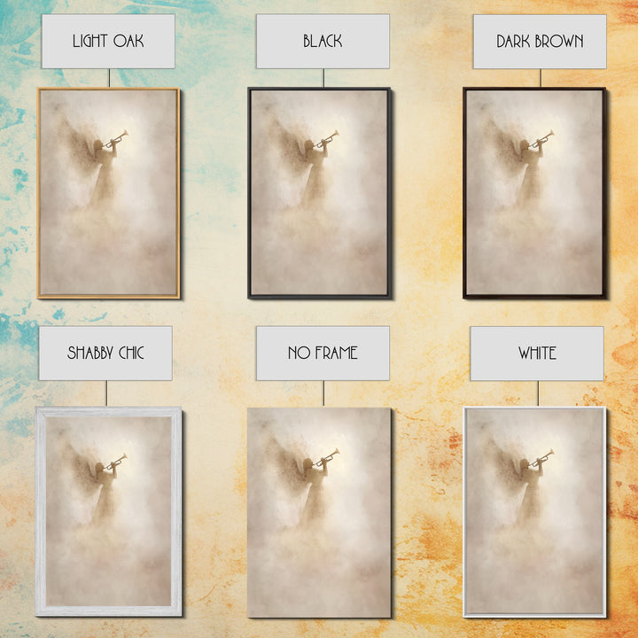 Trumpet In The Clouds – Framed Canvas Print – Christian Wall Art – Christian Art Canvas – Angel Art – Subtle Christian Art – Christian Deco